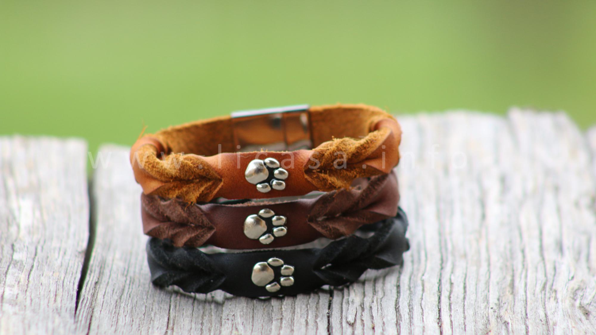 Lederarmband mit Edelstahlschließe in schwarz, braun, cognac mit Pfote